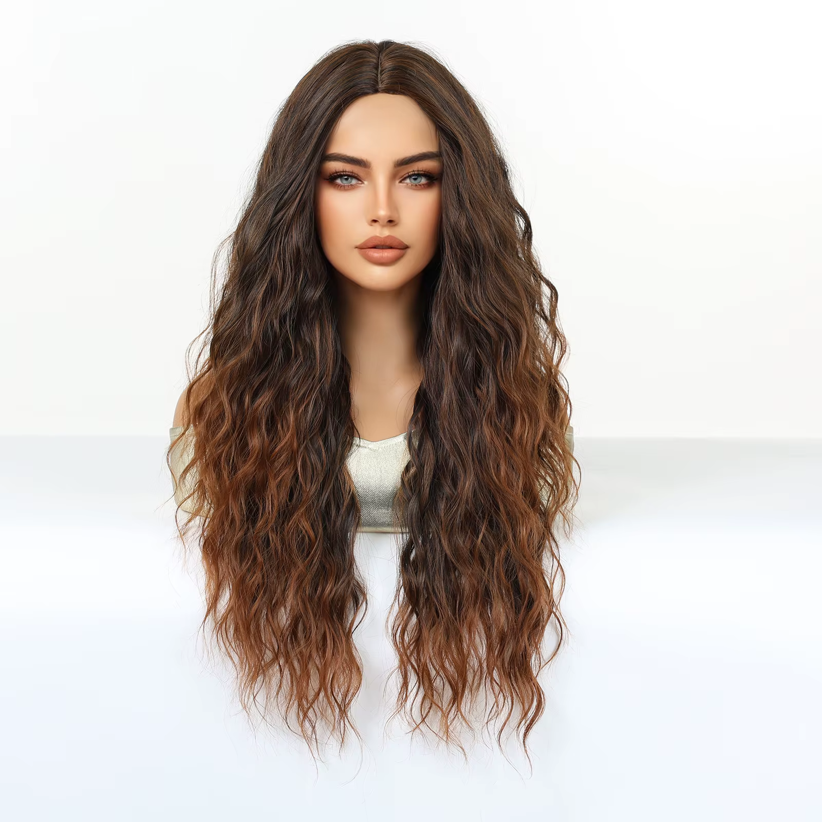 Perruque synthétique bouclée ombrée brun blond pour femmes, raie au milieu, longue, volumineuse, résistante à la chaleur, pour tous les jours, fête, cosplay