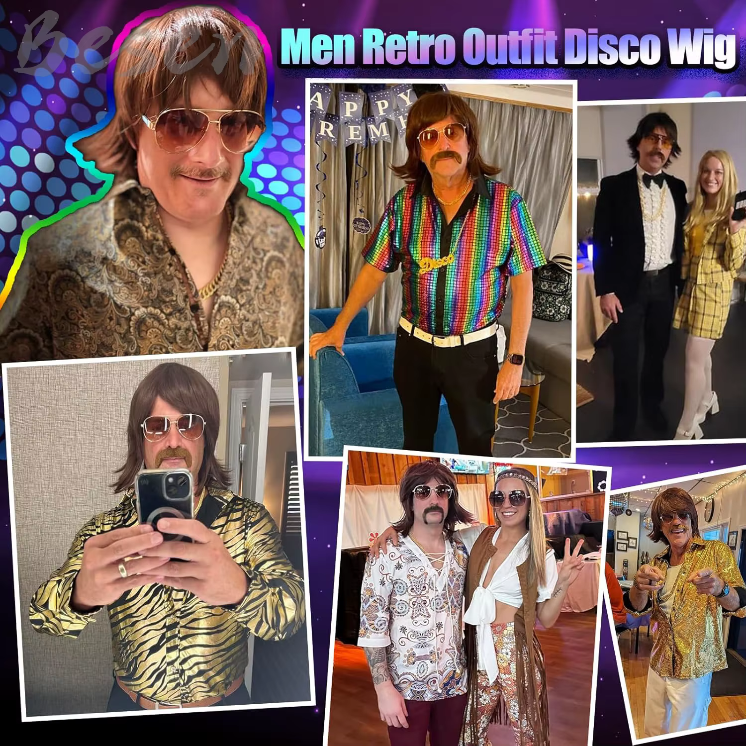 Perruque Disco synthétique courte marron des années 70 et 80 pour hommes