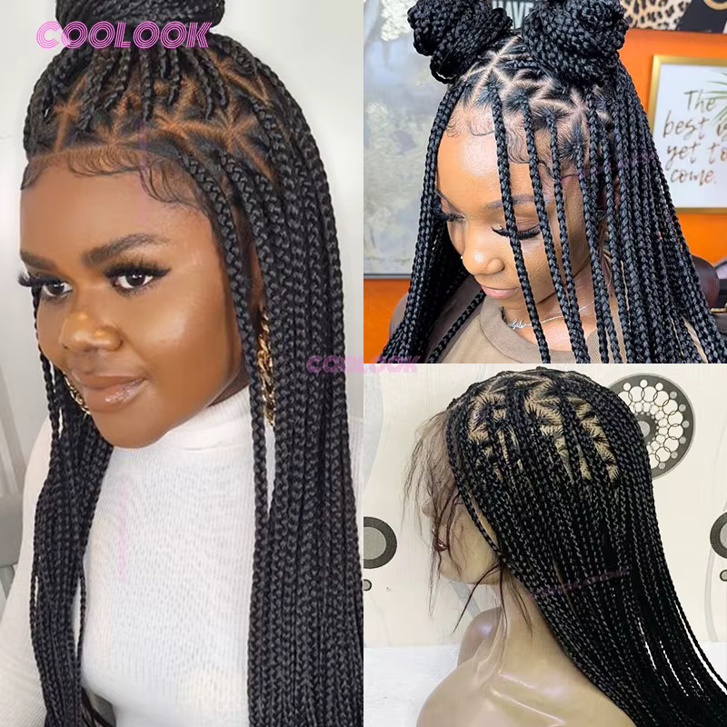 Triangle synthétique tresses cheveux perruque pleine dentelle tressé perruques pour les femmes noires sans noeud boîte