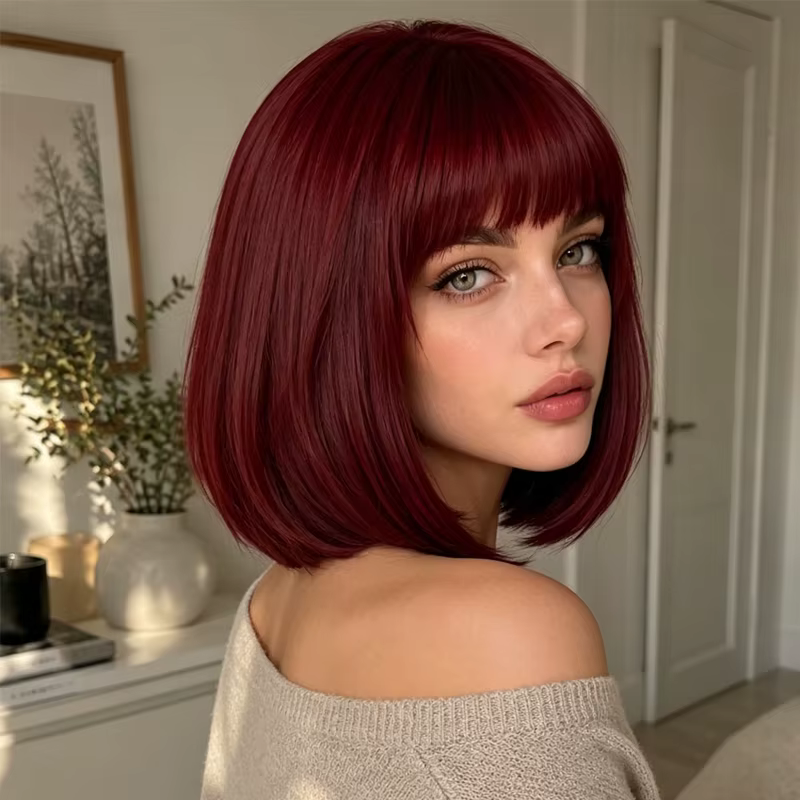 Perruque bob bordeaux, 12 pouces, franges soignées, extrémités lisses et droites, perruque synthétique courte pour femmes, pour un style quotidien.