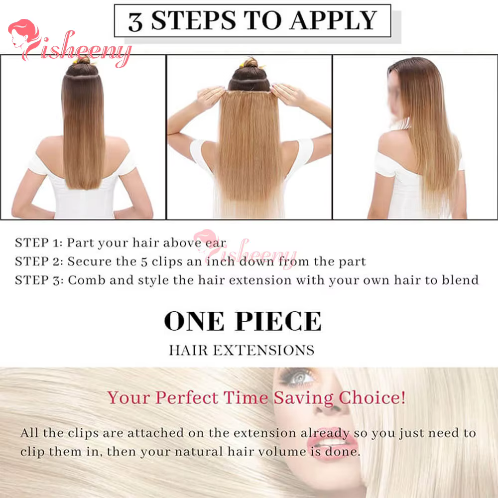 Extensions de cheveux naturels à clipser, une seule pièce, 14-22 pouces, blondes avec mèches, 5 clips sur trame de cheveux, légères