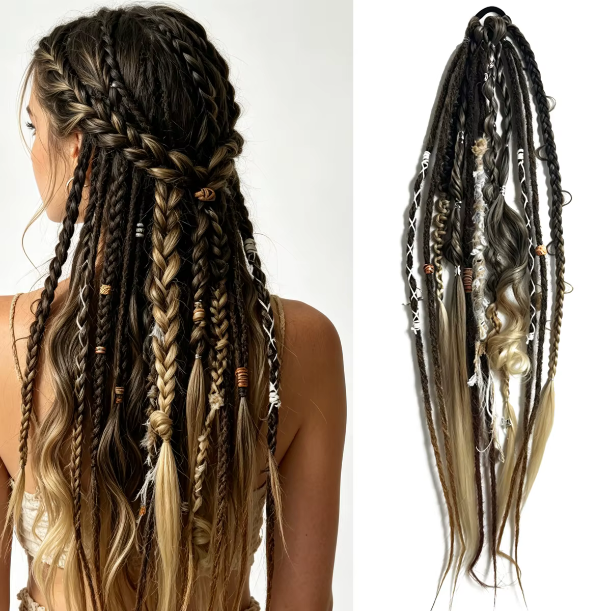 Queue de cheval ombrée synthétique tressée style bohème hippie avec perles en bois et décorations à pompons pour femme
