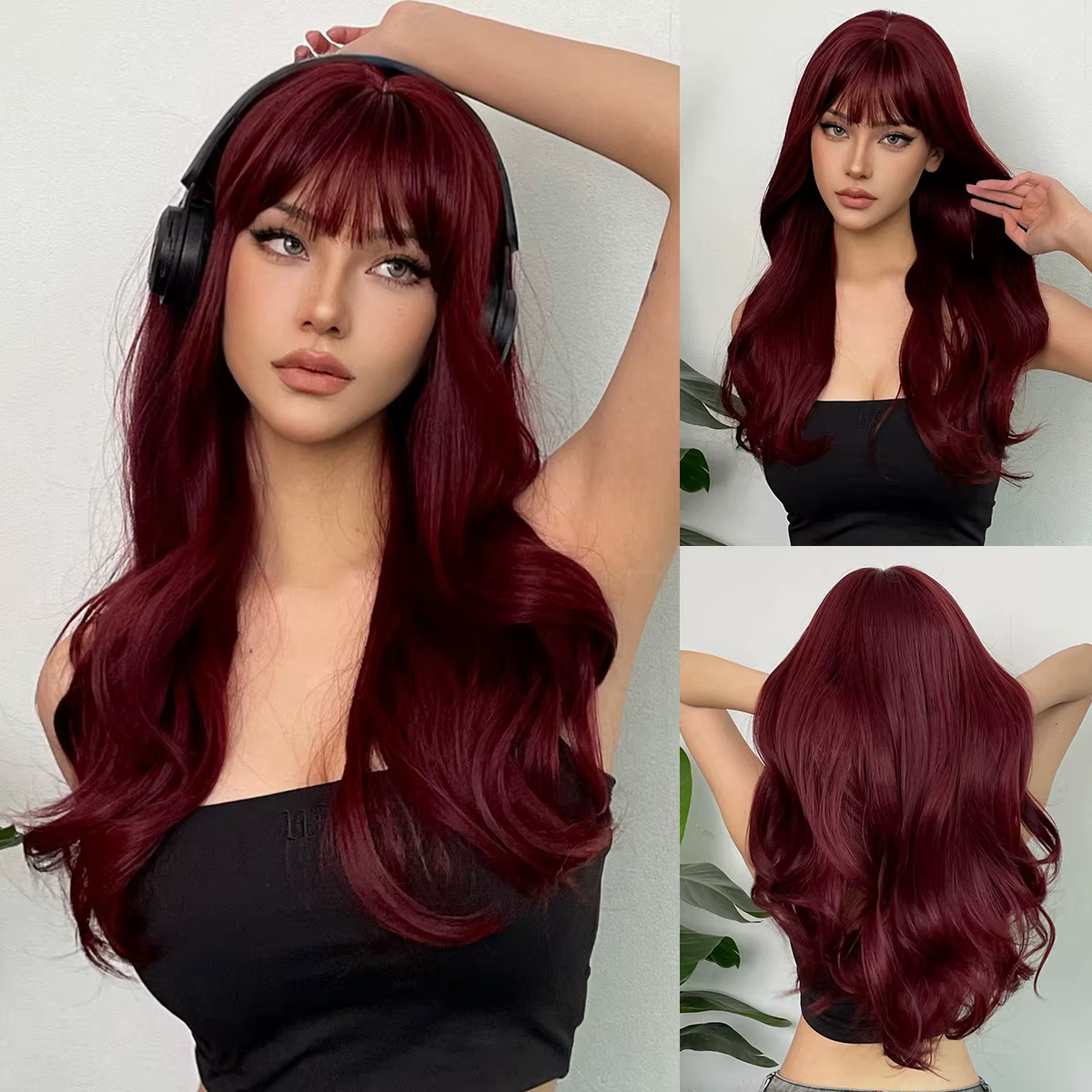 Perruque synthétique couleur vin rouge avec grandes boucles pour fête