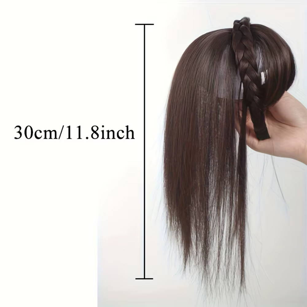 Extensions de cheveux synthétiques lisses effet naturel - Bandeau tressé chic avec postiche à clipser et frange pour femme