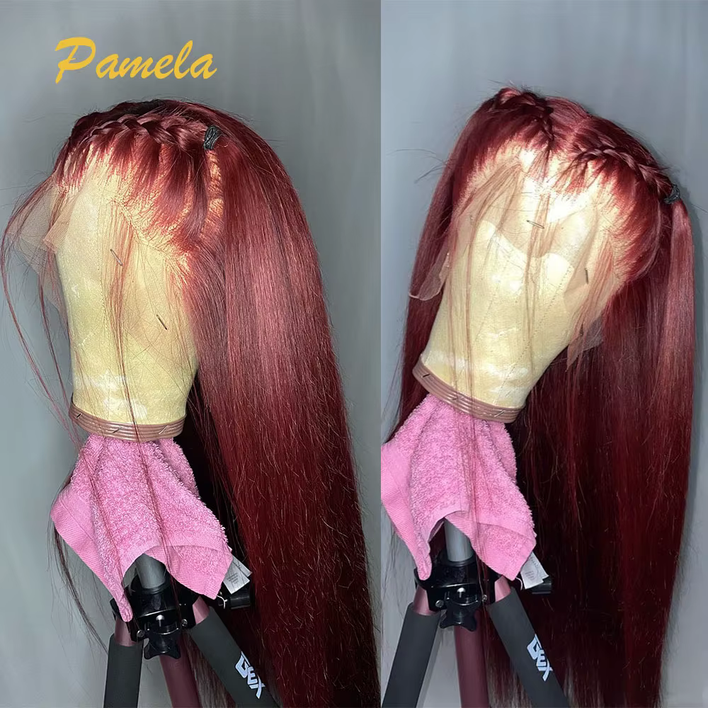 Perruque sans colle de couleur bordeaux Super Double tirage prête à porter 13x6 os droit Transparent 30 pouces avant de lacet perruques de cheveux humains