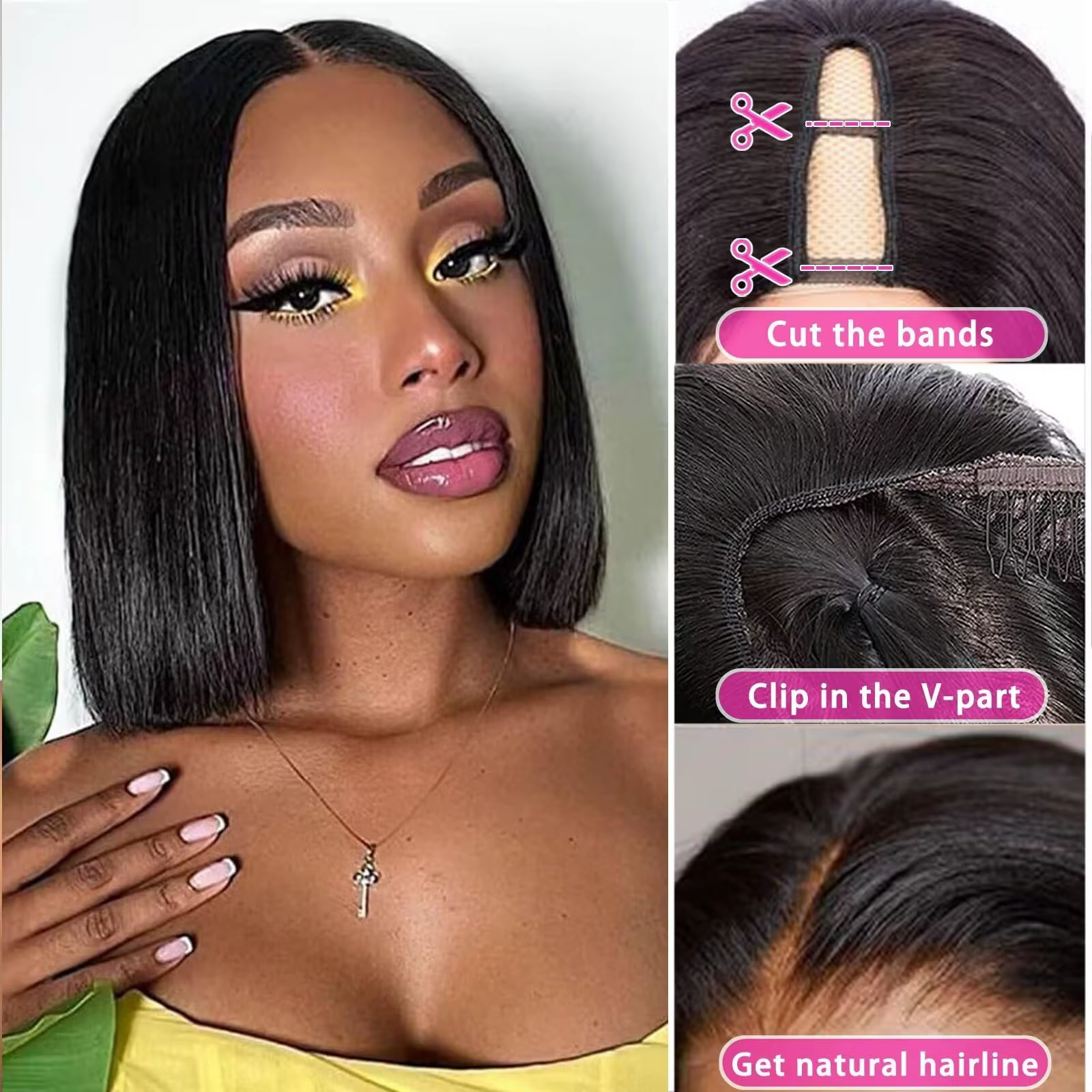 250 densité V partie perruque Bob droite perruques de cheveux humains 8-16 "pour les femmes brésilien vierge cheveux couleur naturelle fait à la Machine V forme perruque