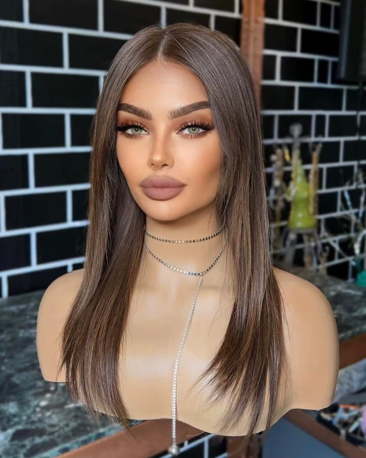 Perruque Lace Front Wig synthétique lisse marron foncé 13 × 4
