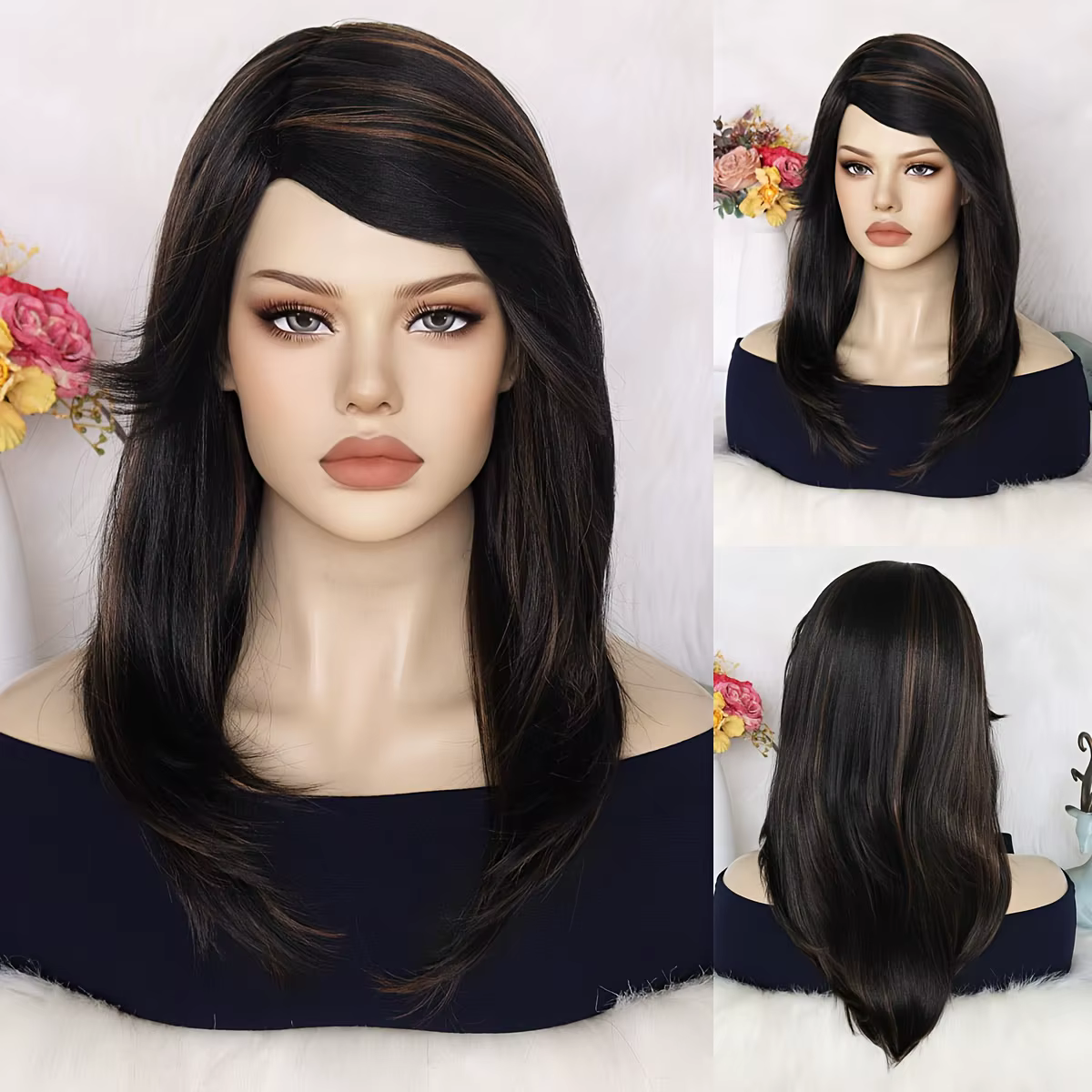  Perruque synthétique ondulée mi-longue pour femme avec frange latérale