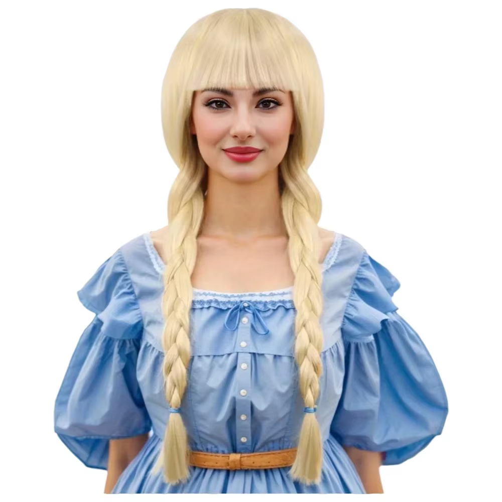 Perruque blonde longue à double tresses avec frange