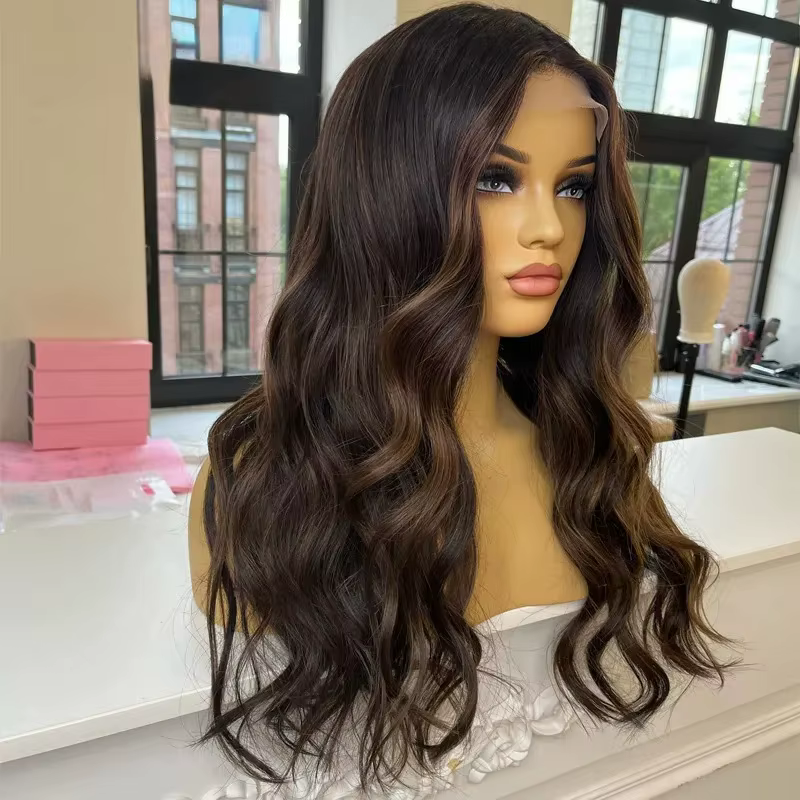 Perruque Lace Front synthétique longue, ondulée, avec mèches brunes, sans colle, de haute qualité, pré-épilée, avec ligne de cheveux naturelle, raie libre, pour cosplay