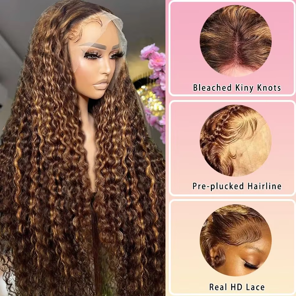 Perruques bouclées blond miel 13x6 sans colle perruque à reflets cheveux humains prêt à porter Ombre couleur