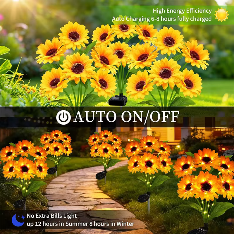 Lampes solaires d'extérieur en forme de tournesol avec tige lumineuse, pour jardin, allée, pelouse, balcon