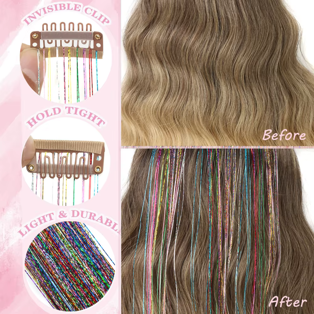 Kit de 12 mèches de cheveux scintillantes à clipser pour filles
