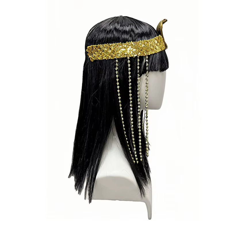 Perruque synthétique noire droite avec perles serpent et pompons