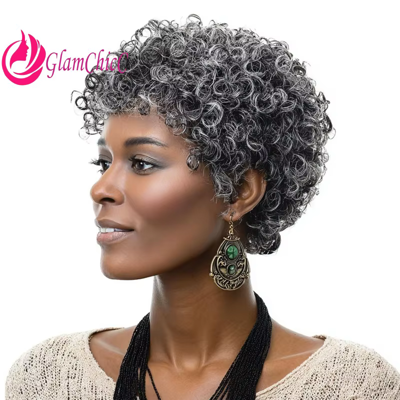 Perruque complète en cheveux humains bouclés courts gris-gris de haute qualité