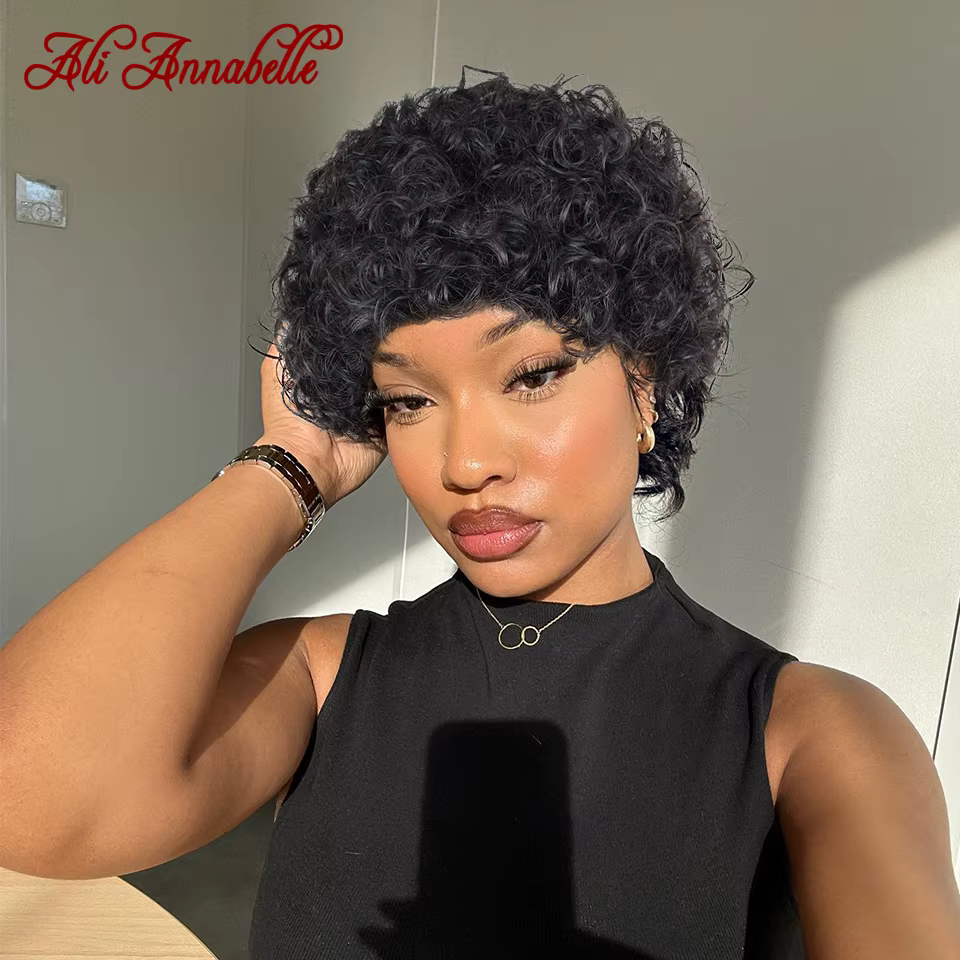 Ali Annabelle 4 pouces Jerry bouclés perruques de cheveux humains pour les femmes courte Pixie crépus