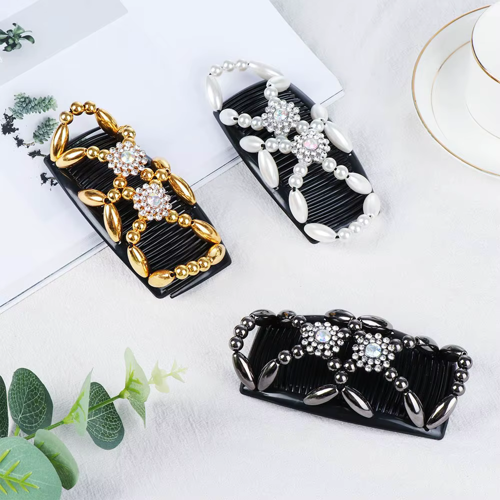 Pince à cheveux double fleur en cristal perlé pour femme