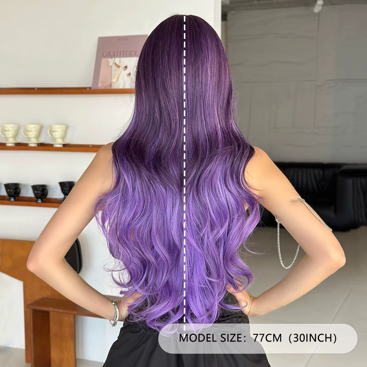 NAMM Halloween Costume perruque synthétique corps lâche ondulé violet perruques avec frange soignée noir dégradé haute