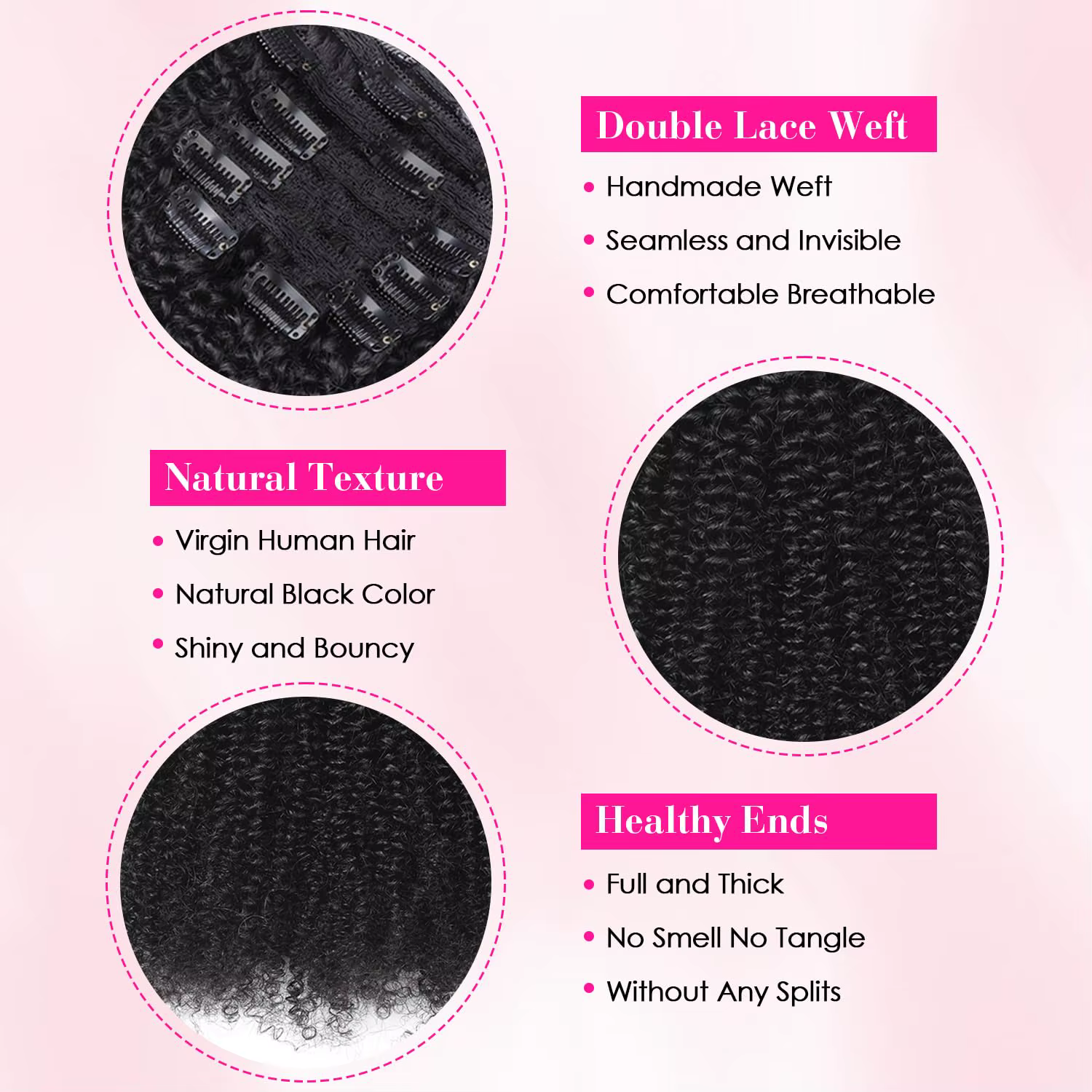 Extensions de cheveux humains bouclés crépus 4C à clipser