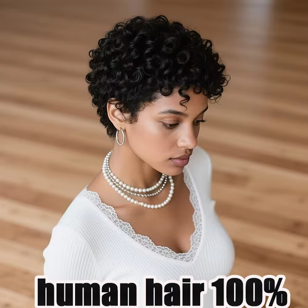 Perruque courte bouclée coupe lutin pour femmes, cheveux 100% naturels, entièrement fabriqués à la Machine, naturel, réaliste, sans enchevêtrement, facile à entretenir