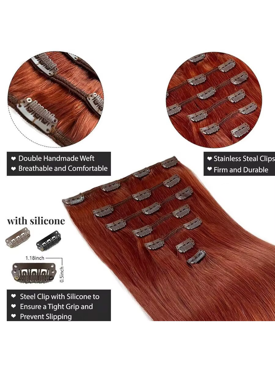 Extensions de cheveux humains vierges couleur gingembre, douces et soyeuses, pleine densité, clips stables, pose rapide, cheveux naturels pour femme