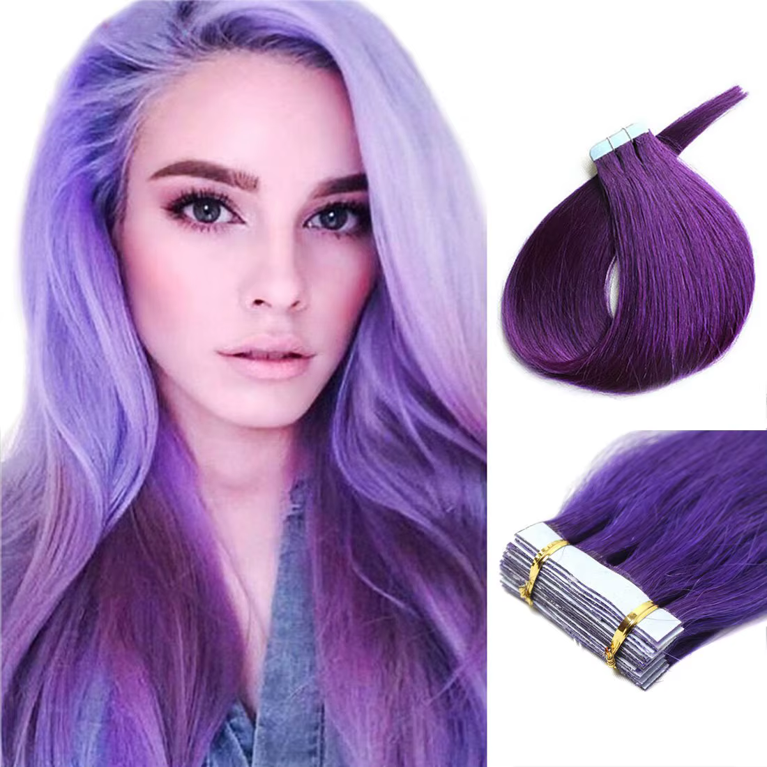 Extensions de cheveux 100% naturels lisses, trames pré-coupées de 12 à 26 pouces, couleur violette, cheveux humains vierges, sans emmêlement
