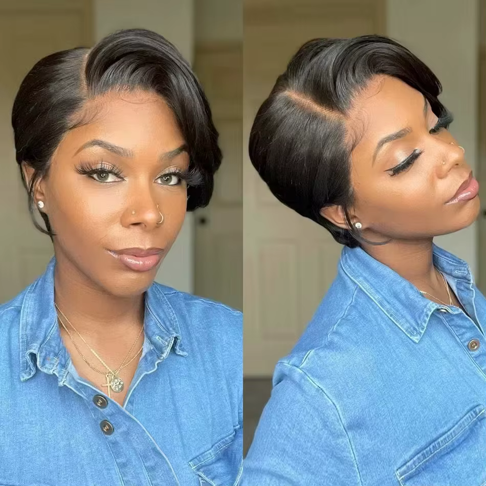 Perruques coupe lutin pour femmes noires cheveux humains 6 pouces