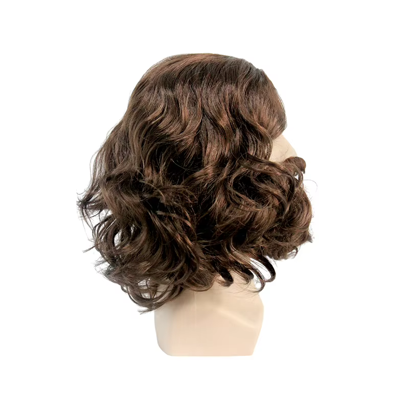 Perruque synthétique ondulée brune avec barbe