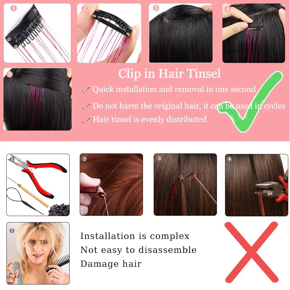Kit de 12 mèches de cheveux scintillantes à clipser pour filles