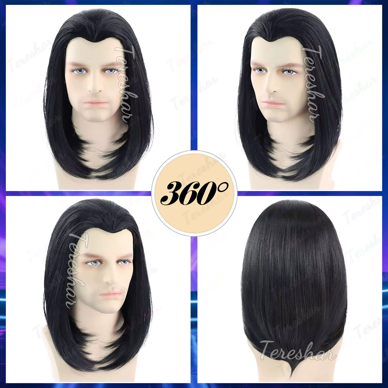 Perruque synthétique courte et lisse noire pour hommes