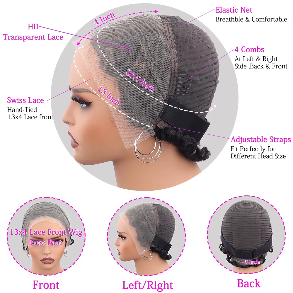 Perruque Courte Pixie Chic 13x4 HD Lace Front Cheveux Humains Bouclés 150% Densité Pour Femmes 100%