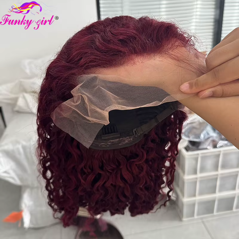 99J birman bouclés perruques de cheveux humains 13x4 dentelle avant perruque pour les femmes bordeaux brésilien Pixie