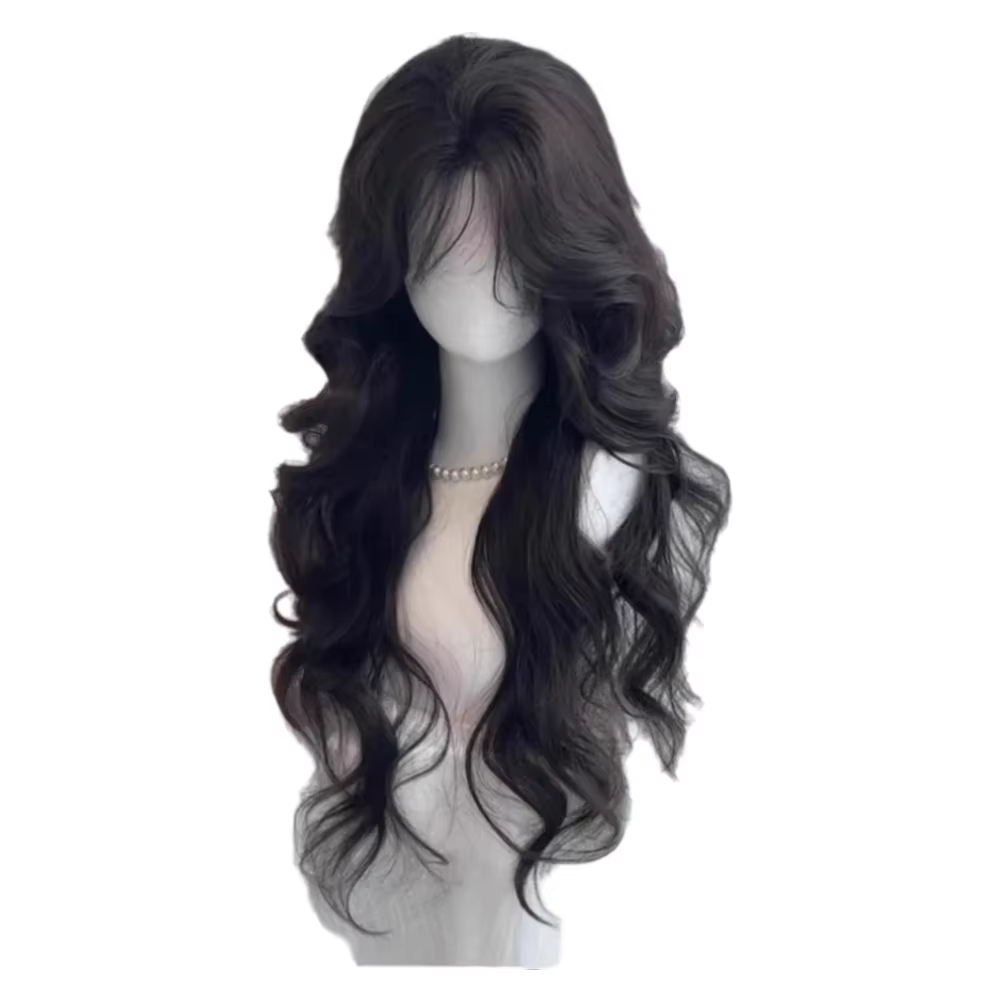 Perruque bouclée longue vague lâche noire naturelle-cheveux synthétiques résistants à la chaleur avec raie naturelle pour le quotidien et le cosplay