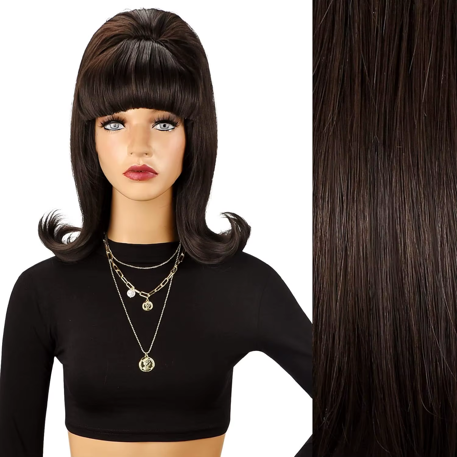 Perruque marron rétro 50S 60S 70S pour dames avec frange