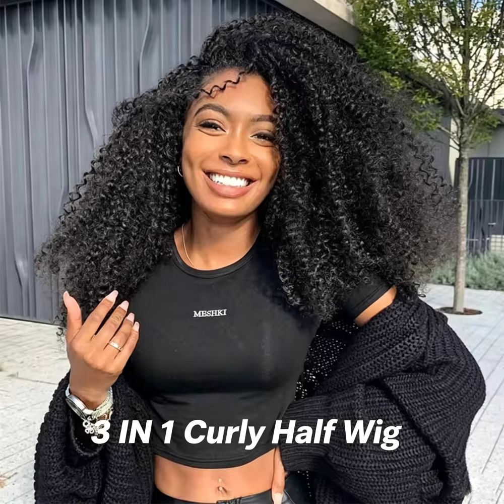 Perruque mi-tête 3-en-1 à ondulations bouclées en cheveux humains