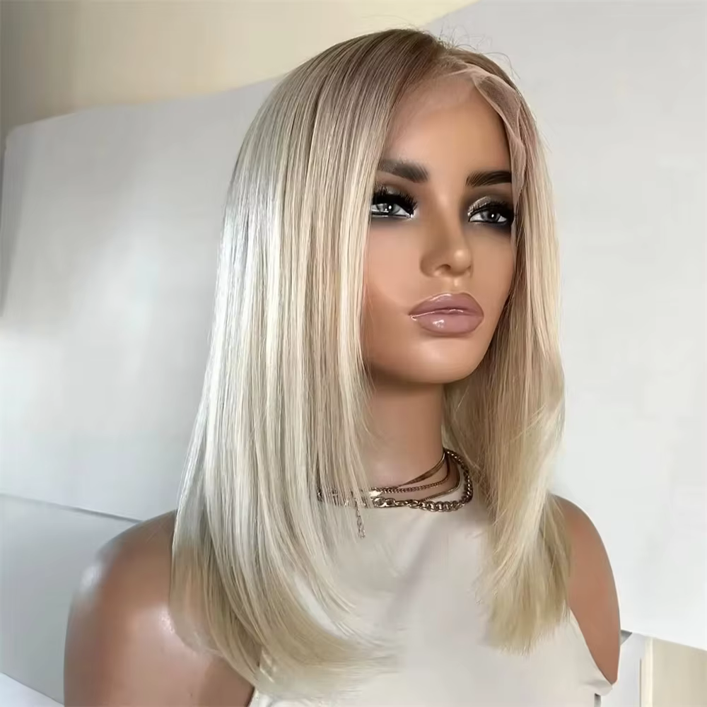 Perruque sans colle Lace Front Synthétique Ombré Blond Crème Clair avec Mèches