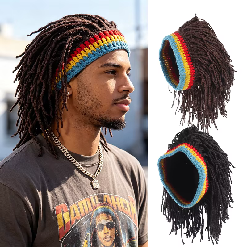 Chapeau perruque dreadlocks en crochet amusant avec bandeau arc-en-ciel