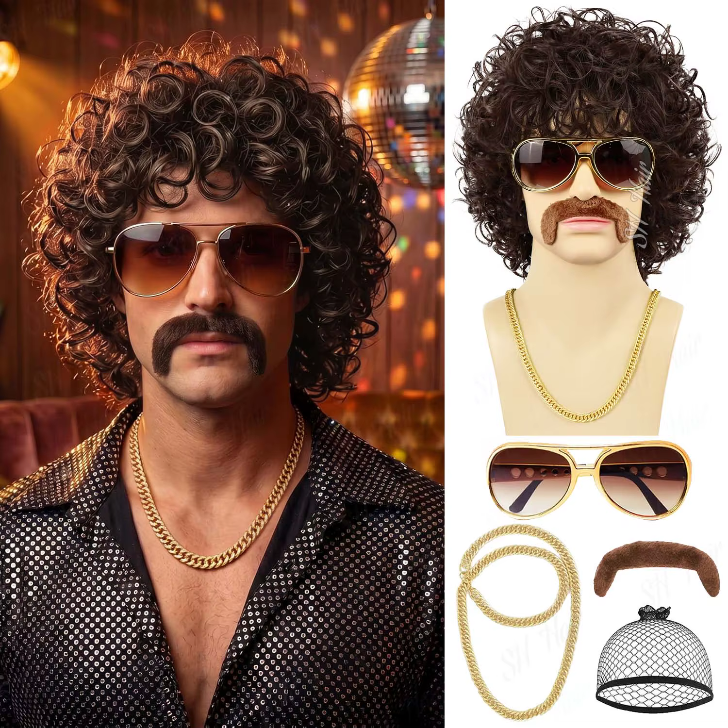 Synthétique Marron | Perruque afro bouclée noire + lunettes + collier + moustache