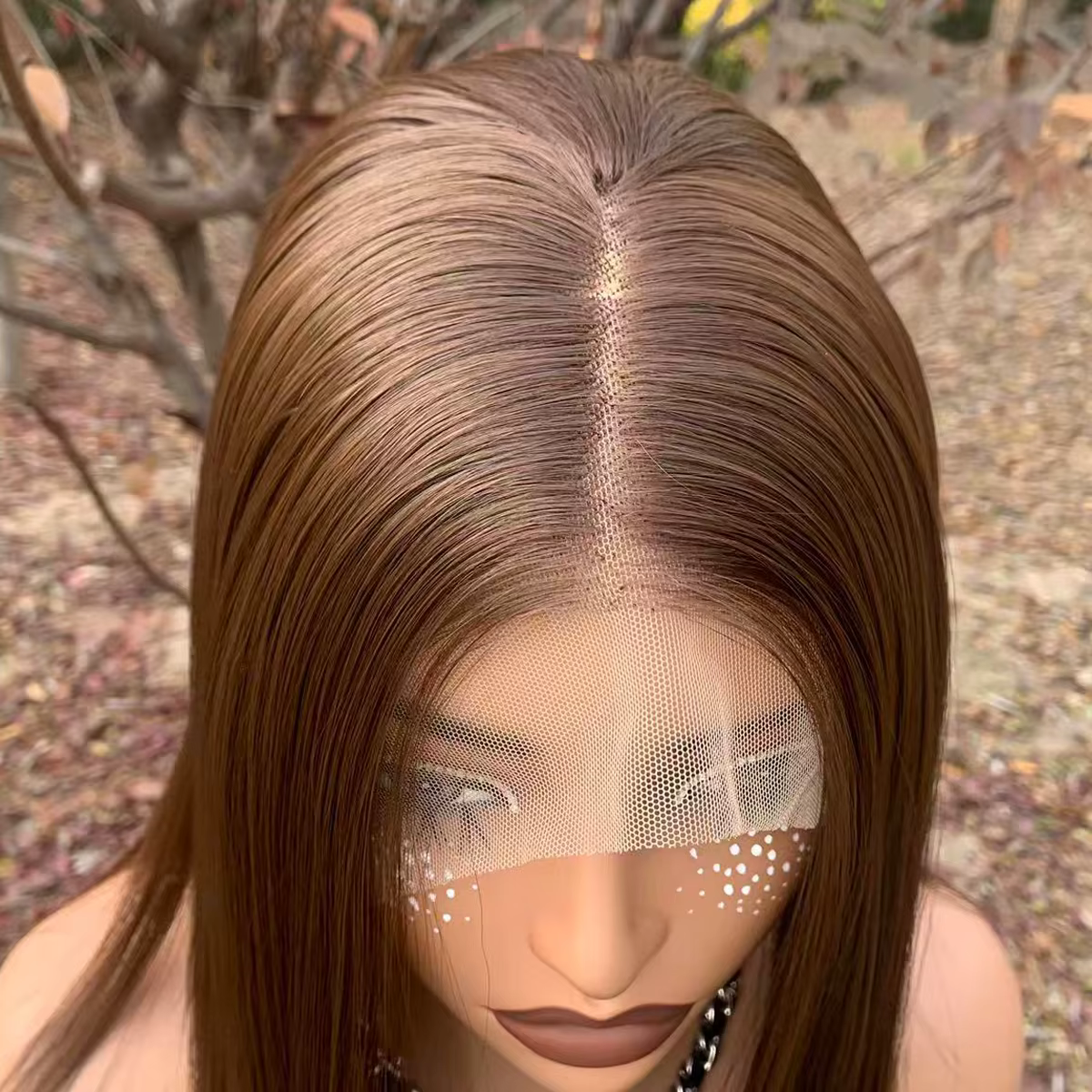 Perruque Bob Lace Front Wig synthétique sans colle marron clair 13x4