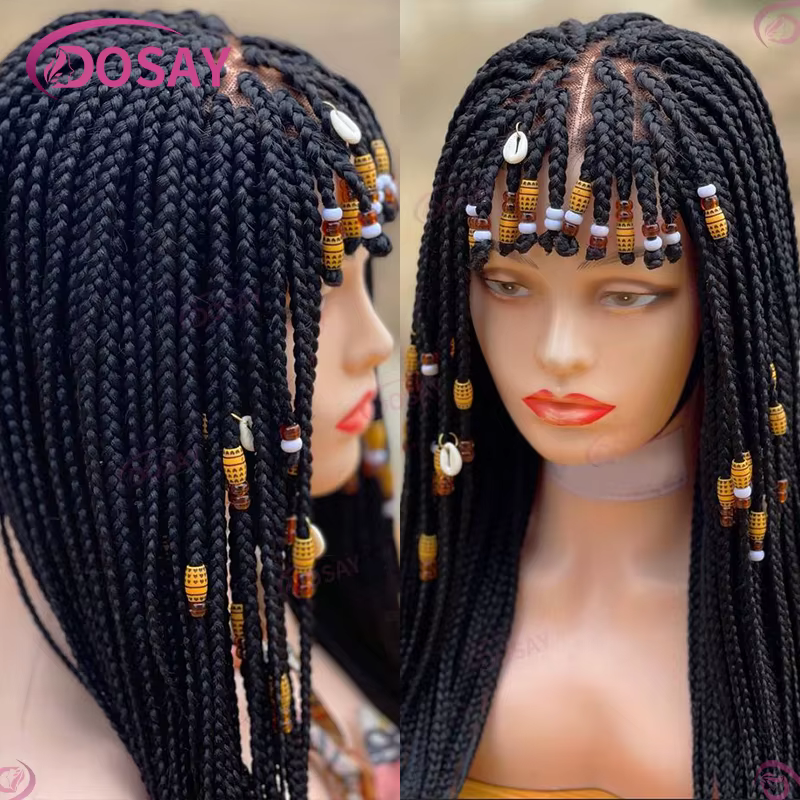Perruque Synthétique Tressée avec Frange pour Femme Noire