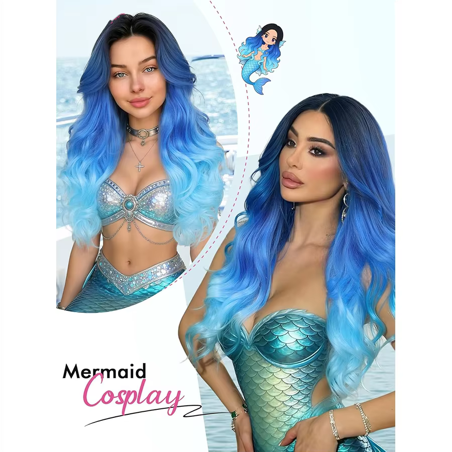 Perruques ondulées bleues de 26 pouces pour femmes