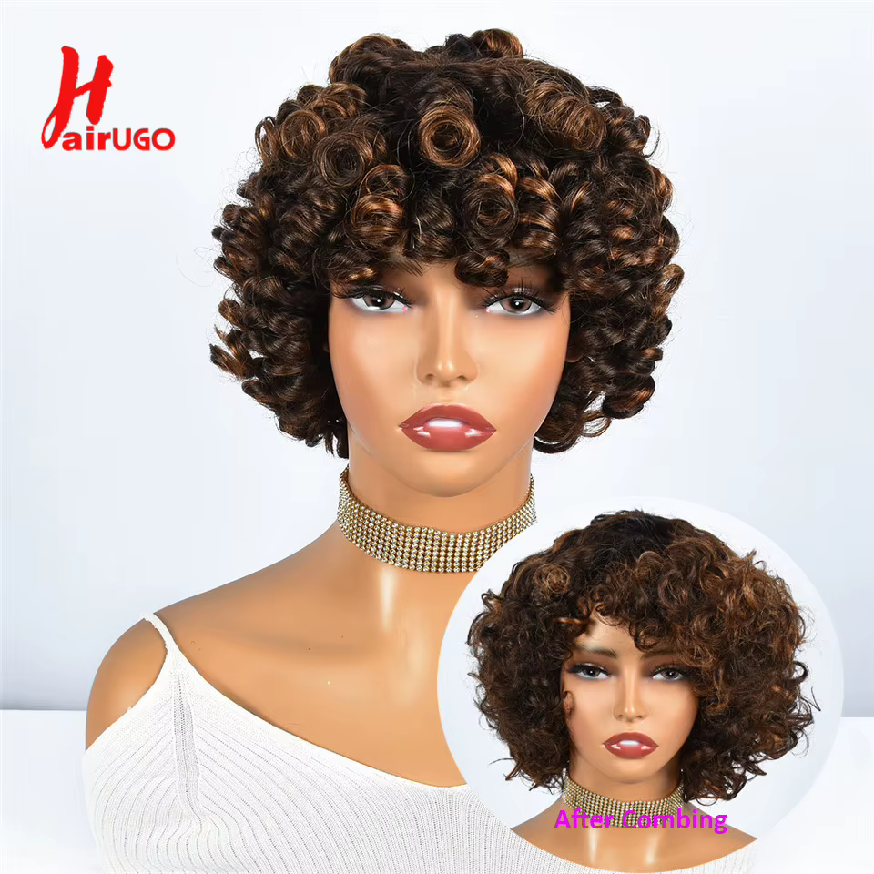 Hairugo-Perruque de Cheveux Humains Bouclés Coupe Pixie à Reflets