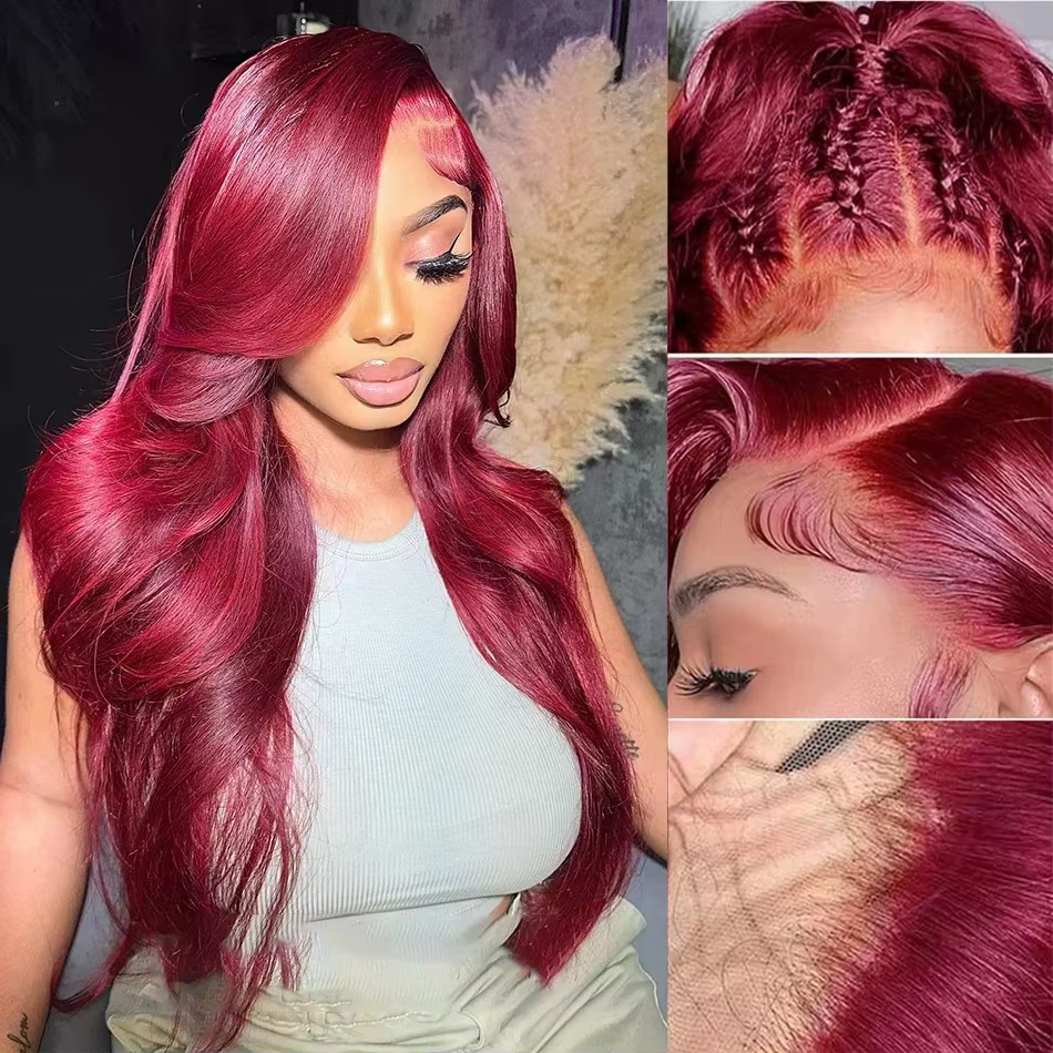 Perruque Lace Frontal Wig synthétique sans colle bordeaux 13x6 HD