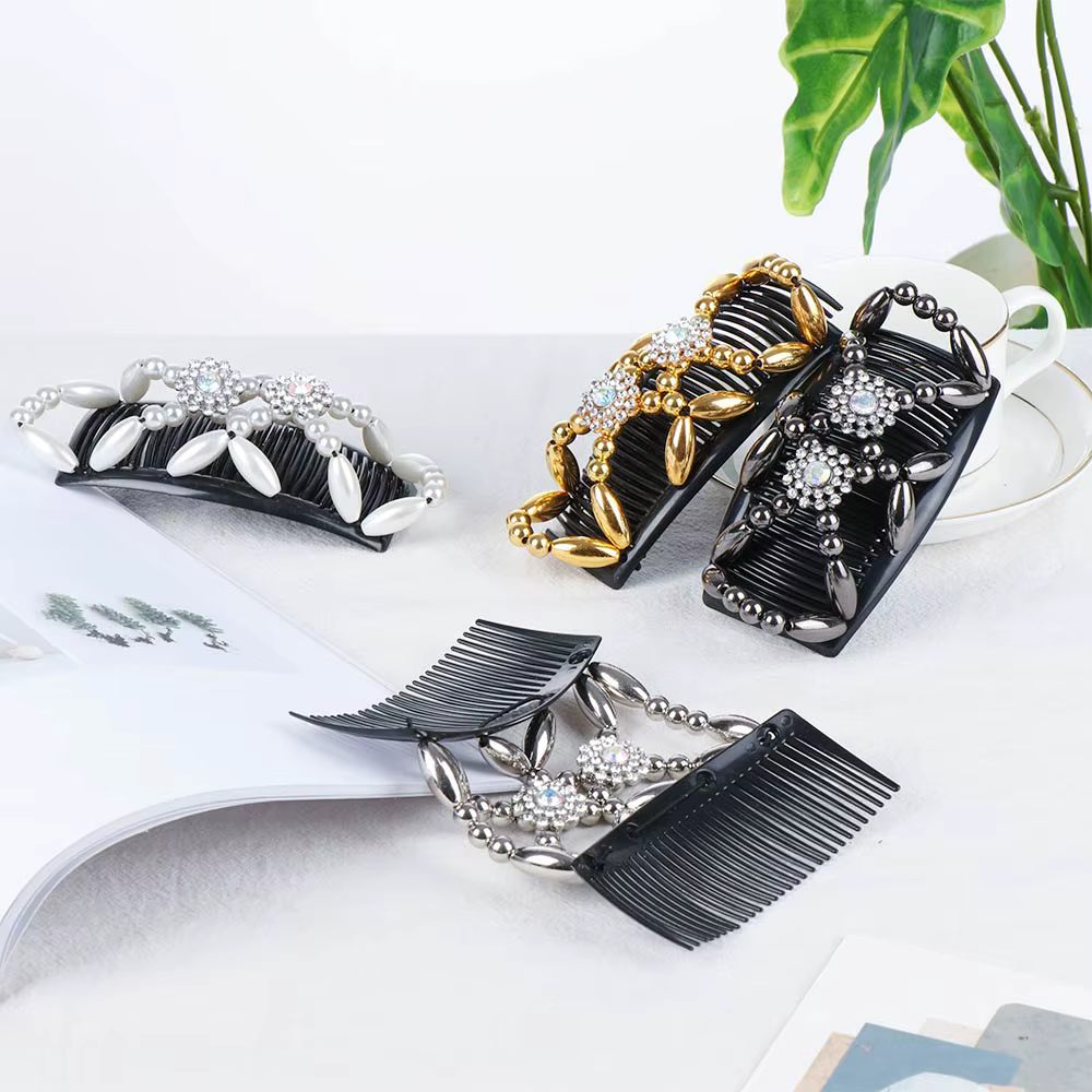 Pince à cheveux double fleur en cristal perlé pour femme