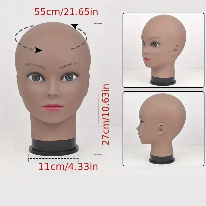Tête de Mannequin chauve avec trépied de coiffure noir