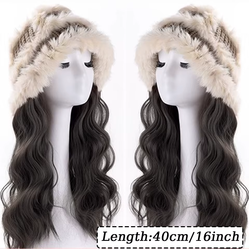Perruque synthétique brune noire avec chapeau
