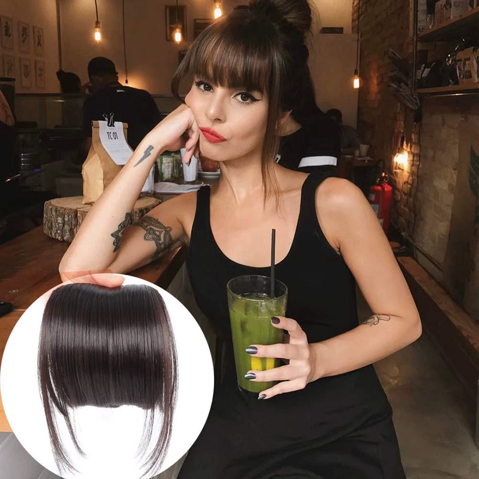 Extensions de cheveux à franges noires à clipser
