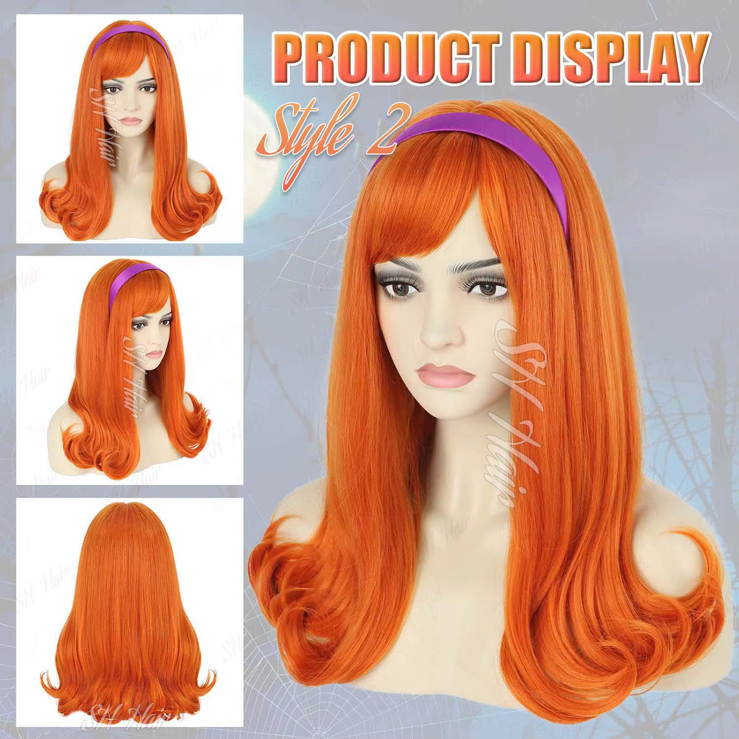 Perruque synthétique longue bouclée Orange + bandeau violet Daphné