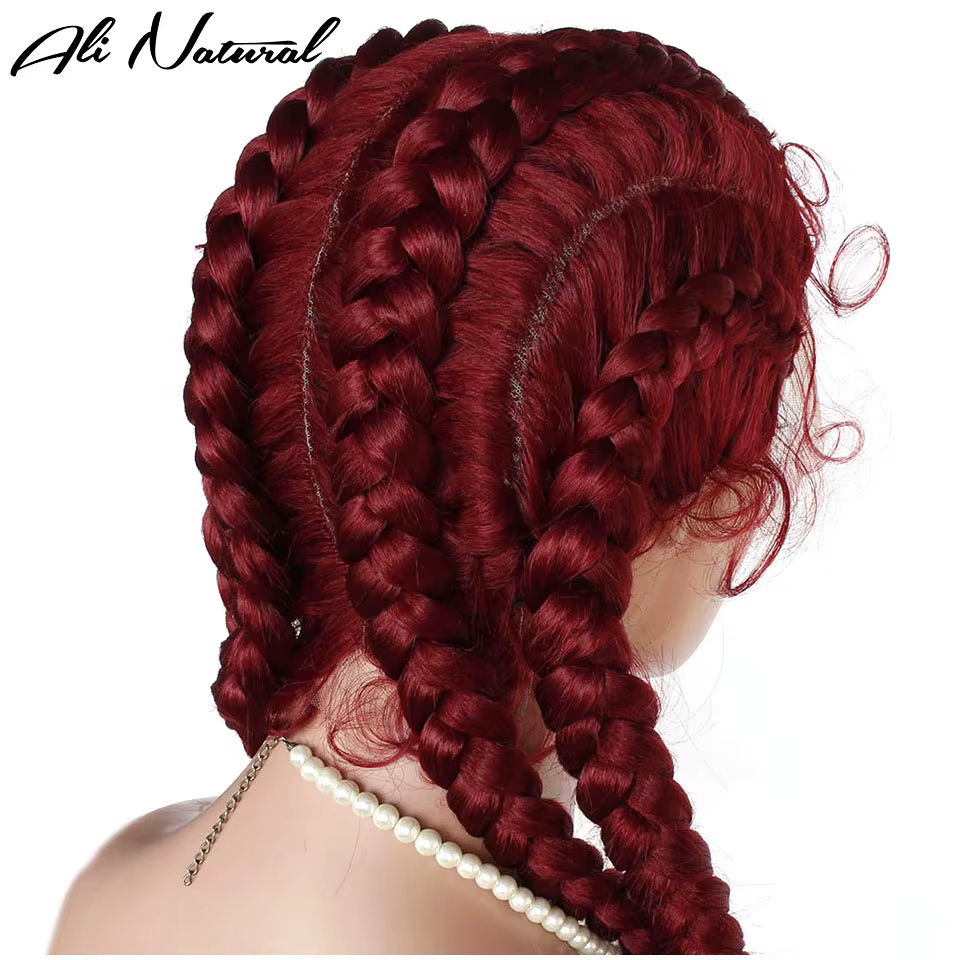 Perruque tressée bordeaux 4 tresses en dentelle, cheveux synthétiques pré-épilés, rouge 99j, perruque tressée avec dentelle supérieure 360