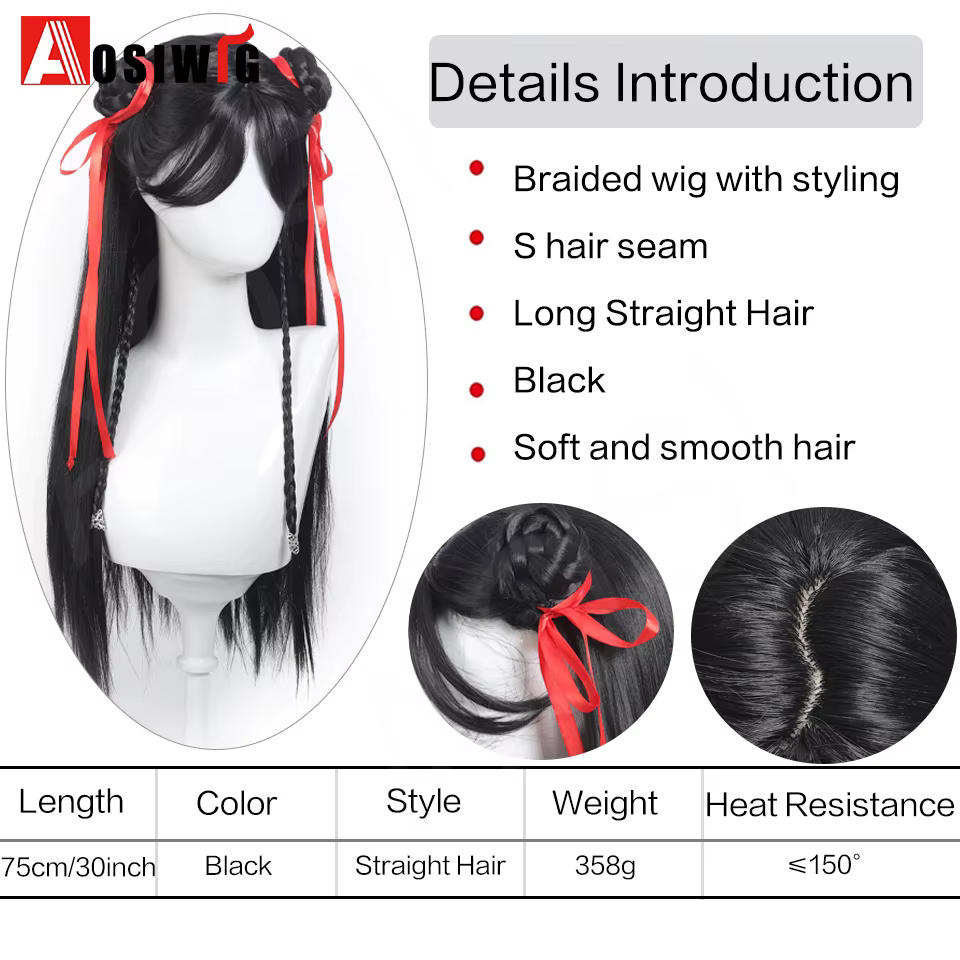 Anime films chinois Cosplay perruque noir cheveux longs raides avec tresse ruban rouge Double chignon styleet